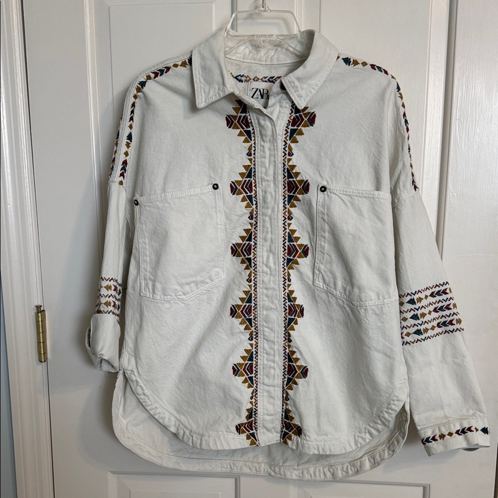 Zara White Embroidered Jean Shacket Jacket S